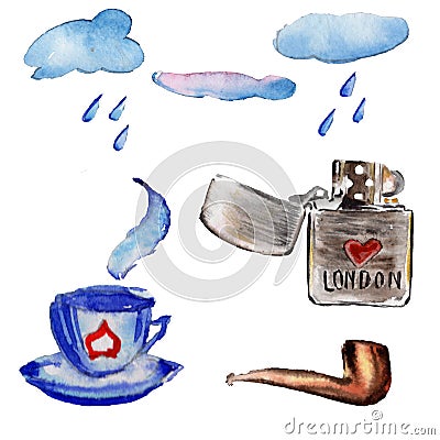 Watercolor London illustration. Great Britain hand drawn symbols. Cartoon Illustration