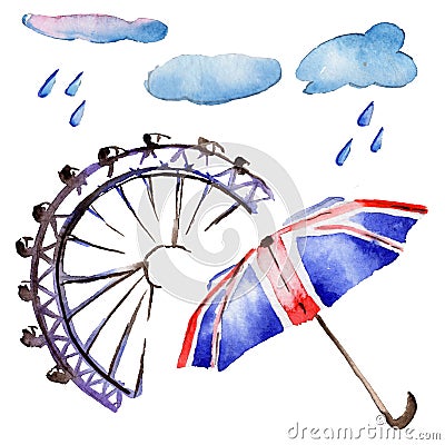 Watercolor London illustration. Great Britain hand drawn symbols. Cartoon Illustration