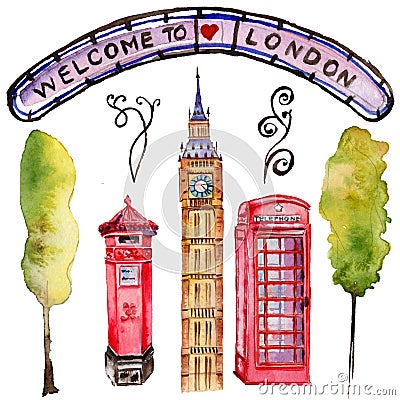 Watercolor London illustration. Great Britain hand drawn symbols. Cartoon Illustration