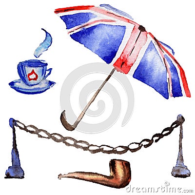 Watercolor London illustration. Great Britain hand drawn symbols. Cartoon Illustration