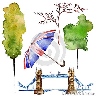 Watercolor London illustration. Great Britain hand drawn symbols. Cartoon Illustration