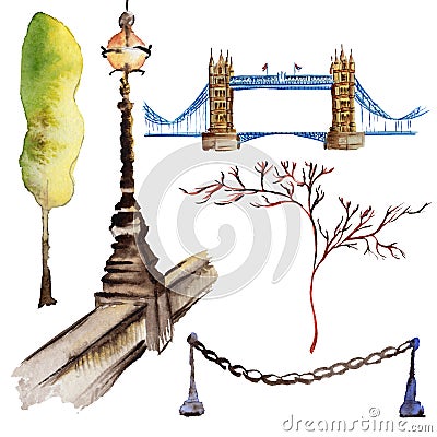 Watercolor London illustration. Great Britain hand drawn symbols. Cartoon Illustration