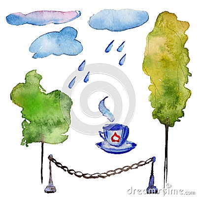 Watercolor London illustration. Great Britain hand drawn symbols. Cartoon Illustration