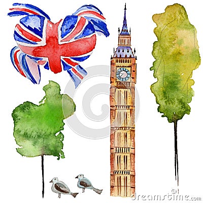 Watercolor London illustration. Great Britain hand drawn symbols. Big Ben. Cartoon Illustration