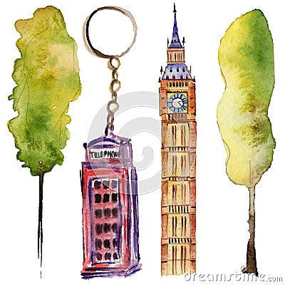 Watercolor London illustration. Great Britain hand drawn symbols. Big Ben. Cartoon Illustration