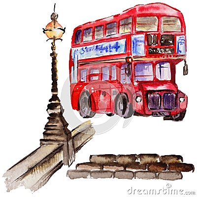 Watercolor London illustration. Great Britain hand drawn symbols. British bus Cartoon Illustration