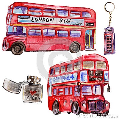Watercolor London illustration. Great Britain hand drawn symbols. British bus Cartoon Illustration