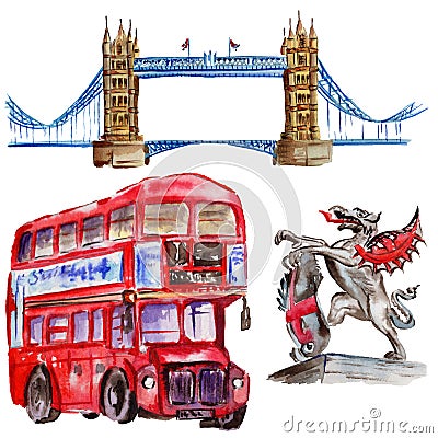 Watercolor London illustration. Great Britain hand drawn symbols. British bus Cartoon Illustration