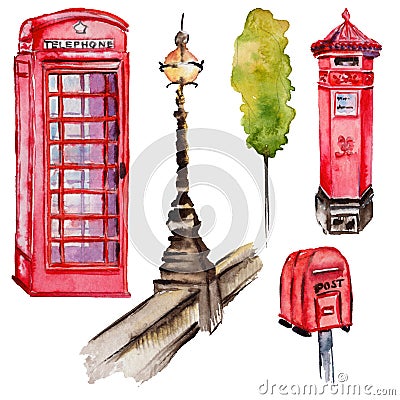 Watercolor London illustration. Great Britain hand drawn symbols. British phone. Cartoon Illustration