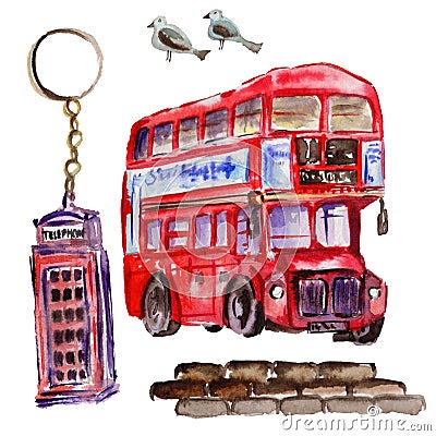 Watercolor London illustration. Great Britain hand drawn symbols. Cartoon Illustration