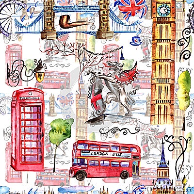 Watercolor London pattern illustration. Great Britain hand drawn symbols. Cartoon Illustration