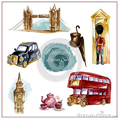 Watercolor London Set Vector Illustration