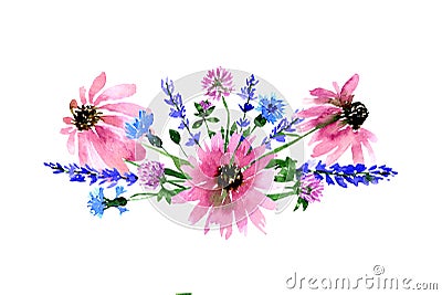 Watercolor loose flowers beautiful clip art. Elegant floral bouquet, banner with echinacea, lavender, cornflower, clover Stock Photo
