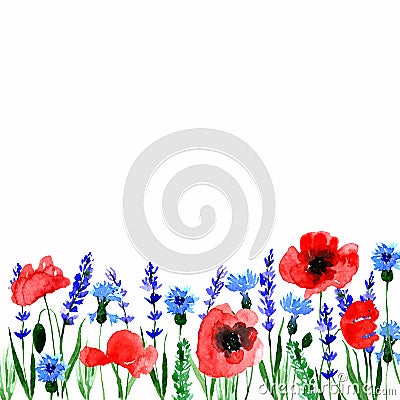 Watercolor loose style poppy, cornflower, lavender flower and green leaves card. Modern trendy template for invitation Stock Photo