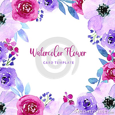 Watercolor loose style purple blue violet anemone and rose flower, blue bell, leaves corner circle frame. Modern trendy Stock Photo