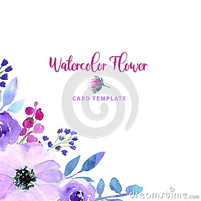 Watercolor loose style purple blue violet anemone and rose flower, blue bell, leaves corner frame. Modern trendy border Stock Photo