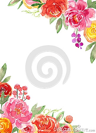 Watercolor loose style red, pink peach peonies, rose flower and green leaves corner frame. Modern trendy border template Stock Photo