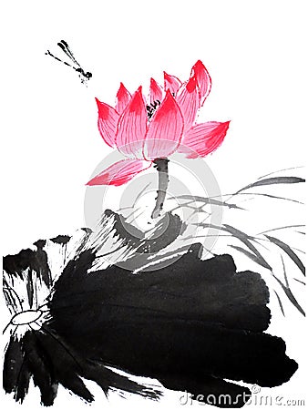 Watercolor of lotus flower with dragonfly, traditional chinese ink and wash painting Cartoon Illustration