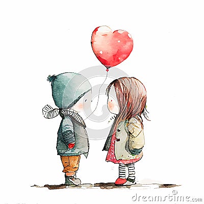 Watercolor Lovely Couple with Heart Balloon on white background Generative AI Vector Illustration