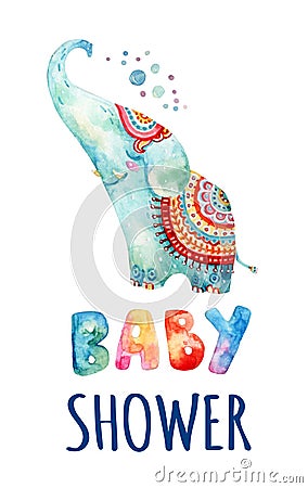 Watercolor lovely indian elephant on white background. Cartoon Illustration