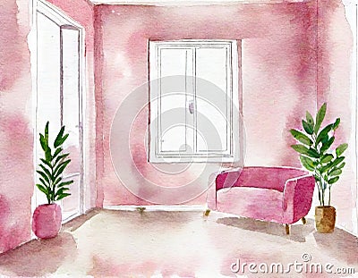 Watercolor of Lovely pink living room featuring a comfortable Stock Photo