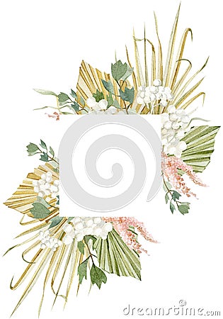 Watercolor luxure tropical frame. Hand drawn boho floral and dasty leaves for wedding invintation, mothers day, poster, banner. Stock Photo