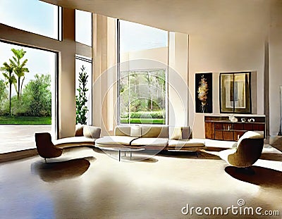 Watercolor of Luxurious contemporary living room with modern Stock Photo