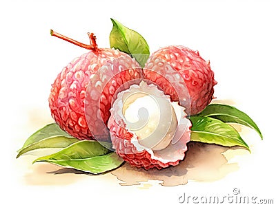 Watercolor Lychee Isolated, Aquarelle Litchi Tropical Fruit Cut, Creative Watercolor Litchi Chinensis Fruits Stock Photo