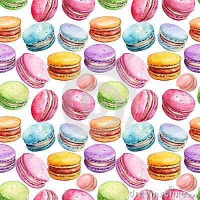 Watercolor Macaron Cake Seamless Pattern, Aquarelle Macaroon Cookie, Almond Meringue Tile Stock Photo