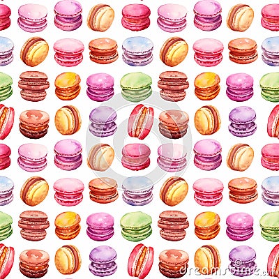 Watercolor Macaron Cake Seamless Pattern, Aquarelle Macaroon Cookie, Almond Meringue Tile Stock Photo