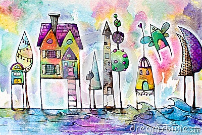 Watercolor magical houses city, street. Cartoon Illustration