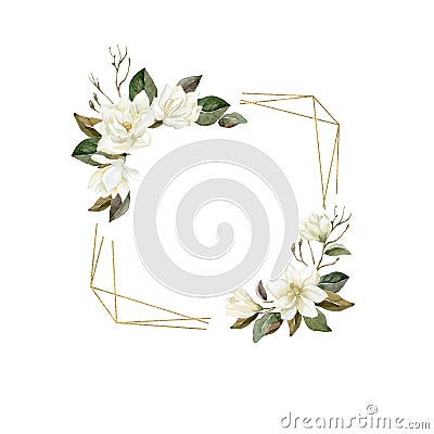 Watercolor Magnolia frame with gold crystal shape. Stock Photo