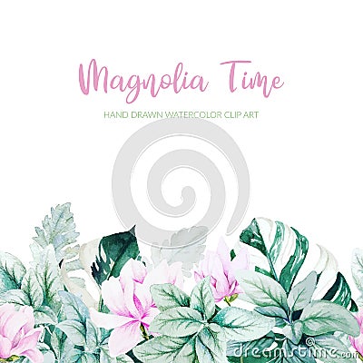 Watercolor magnolia, silver leaves and monstera leaves seamless border Vector Illustration