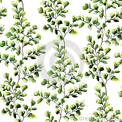 Watercolor maidenhair fern leaves seamless pattern. Hand painted fern ornament. Floral illustration on white background. Cartoon Illustration