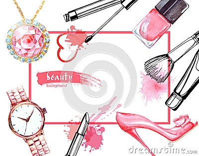 Watercolor Make up artist objects:Jewelry, women`s watches, shoes, nail Polish. Vector beauty background. Stock Photo