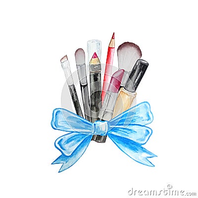 Watercolor makeup set with bow Stock Photo