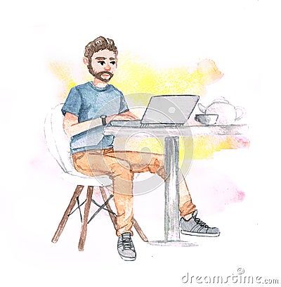 Watercolor man work with laptop in cafe on freelance on yellow and pink background Stock Photo