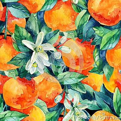 Watercolor mandarine orange fruit branch with leaves seamless pattern Cartoon Illustration