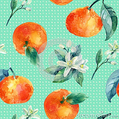 Watercolor mandarine orange fruit branch with leaves seamless pattern Cartoon Illustration