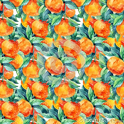 Watercolor mandarine orange fruit branch with leaves seamless pattern Cartoon Illustration