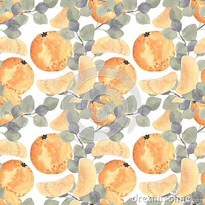 Watercolor mandarine orange fruit with leaves seamless pattern. Cartoon Illustration