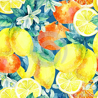 Watercolor mandarine orange and lemon fruit branch with leaves seamless pattern Cartoon Illustration