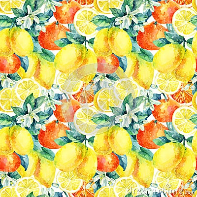 Watercolor mandarine orange and lemon fruit branch with leaves seamless pattern Cartoon Illustration