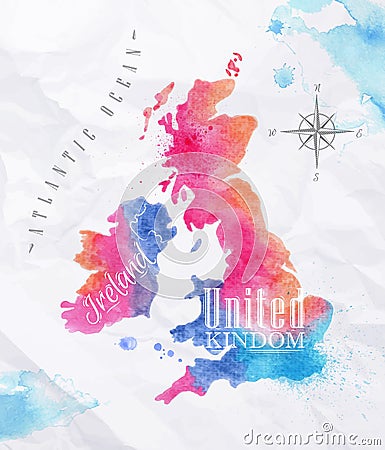 Watercolor map United kingdom and Scotland pink Vector Illustration