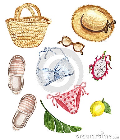 Watercolor marine beach set with swimsuit, espadrilles, sunglasses, straw hat, rattan bag, tropical frtuits and palm leaf Cartoon Illustration