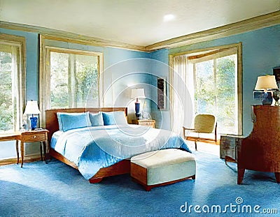 Watercolor of a master bedroom with a plush blue and soaring Stock Photo