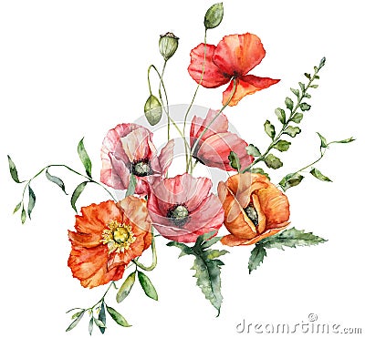 Watercolor meadow flowers bouquet of poppy, bindweed and geranium. Hand painted floral poster of wildflowers isolated on Stock Photo