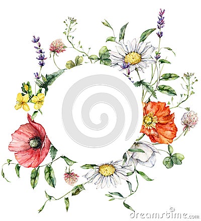 Watercolor meadow flowers circle frame of chamomile, poppy and lavender. Hand painted floral card of wildflowers Stock Photo