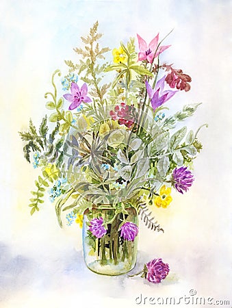 Watercolor meadow flowers in a glass jar. Summer vintage illustration Cartoon Illustration