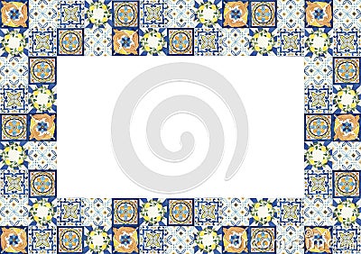 Watercolor mediterranean frame traditional tiles. Isolated on white background. Italian tiles wedding invitation Stock Photo